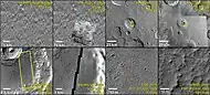 Composite demonstrating relative resolution of seven different cameras that imaged Mars: HiRISE (Mars Reconnaissance Orbiter), THEMIS VIS (Mars Odyssey), MOC-WAC (Mars Global Surveyor), HRSC (Mars Express), CTX (Mars Reconnaissance Orbiter),  Viking, Mariner 4.  Location is Memnonia quadrangle. Blue arrow on some pictures points to same location at with different cameras. Red box with CTX image shows location of the next frame from HiRISE.