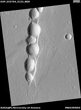 Line of pits, as seen by HiRISE under HiWish program  Fossae often seem to start with a line of pits.