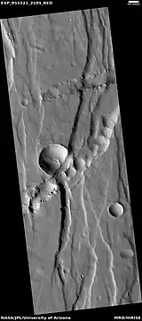 Troughs (Fossae), as seen by HiRISE under HiWish program.  Trough seems to have cut away part of a crater.