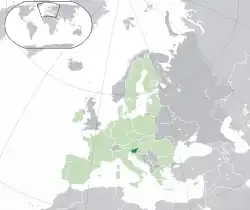 Location of Slovenia (dark green)– in Europe (green & dark grey)– in the European Union (green)