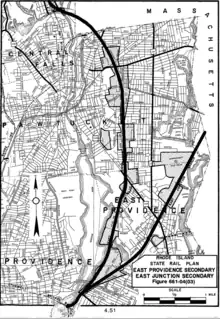 black and white map showing Providence and East Providence, Rhode Island, and the Rhode Island portion of the East Junction Branch moving northeast or southwest