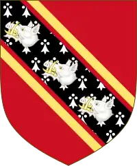 Arms of Edgcumbe, Earls of Mount Edgcumbe: Gules, on a bend ermines cotised or three boar's heads couped argent