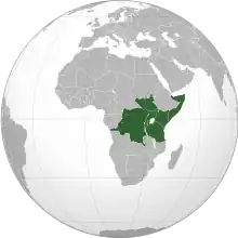 An orthographic map projection of the world, highlighting the East African Community's member states (green)