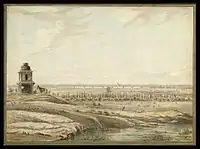 View of Bangalore Fort, from the East, with a small shrine and a dismounted horseman in the foreground, and cattle grazing beyond, by Robert Hyde Colebrooke (1762-1808) in 1791