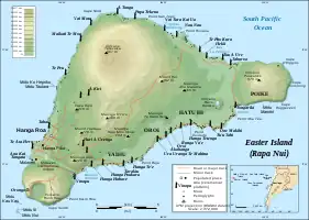 Map of Rapa Nui showing major ahus with moai. Rano Raraku and Ahu Tongariki are on the southern coast near Poike at the eastern end of the island.