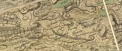 Map of the Easterhouse area. Bishops, Lochend and Woodend Lochs are shown to the top and right. Easterhouse, Westerhouse, Dungeonhill, Netherhouse and Heathetyknow farms are shown. Lochwood, Provan, Blairtummock and Barlanark estates are also clearly shown. Lochwood is the site of the original bishops palace. Gartloch and Garthamlock are all named after the garden from this palace