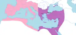 The territory of the Eastern Roman Empire, with the Western Roman Empire depicted in pink.