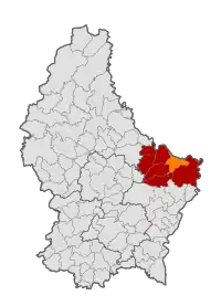 Map of Luxembourg with Echternach highlighted in orange, and the canton in dark red