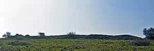 Grassy land sloping upwards, and at the horizon there are three uneven banks of earth covered in grass. A few trees break up the grassland.