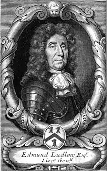 An engraved portrait of a clean-shaven man wearing a long curly wig and a jabot, clad in armour