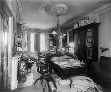 Bright sunlight coming in through windows in the background show a long narrow room with a Victorian fireplace at left, and light fittings (center) hanging from the ceiling. A desk and chair are at center, with the desk piled high with papers, books and specimen boxes. Another desk, partially seen in the foreground, is similarly cluttered, as is a third desk in the background. Two book cabinets, at right and left, are filled, and have more books piled on top of them to the ceiling. An empty sofa is at right.