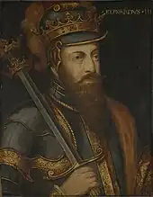 A head and shoulders painting of Edward III, in armour and bearing a sword