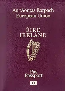 A passport, displaying the name of the member state, the national arms and the words "European Union" given in their official language(s)(Irish version pictured)