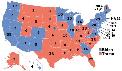 Electoral college map, depicting Trump winning many states in the South and Rocky Mountains and Biden winning many states in the Northeast, Midwest, and Pacific West