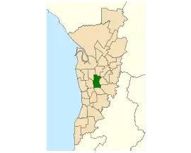 Map of Adelaide, South Australia with electoral district of Adelaide highlighted