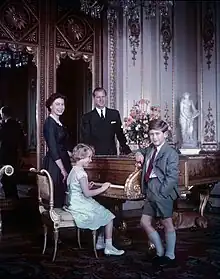 A young Prince Charles with his mother, Elizabeth II; his father, Prince Philip, Duke of Edinburgh; and his sister, Princess Anne