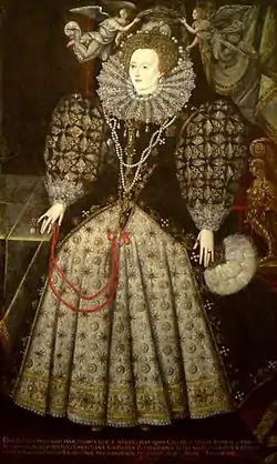 A woman in an elaborately-decorated long dress, patterned with jewels. A large ruff around her neck; over her head, two angels support a laurel wreath