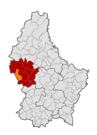 Map of Luxembourg with Ell highlighted in orange, and the canton in dark red