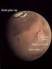 Global view of Mars. InSight landed in Elysium Plantia. Curiosity rover is in Gale crater.