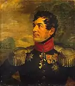 Painting shows a clean-shaven black-haired man looking to the viewer's left. He wears a dark green military coat with a red collar and gold epaulettes.