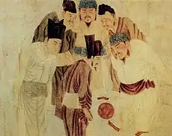 Emperor Taizu of Song playing cuju with Prime Minister Zhao Pu, by the Yuan-era painter Qian Xuan (1235–1305)