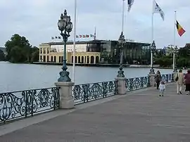 Boardwalk by the Lake of Enghien in the town centre. In the background is the Casino of Enghien-les-Bains