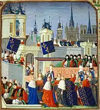 The entry of Isabella of Bavaria into Paris, from a miniature in Froissart's Chronicles, attributed to  Philip of Mazerolles (c. 1470-1472)