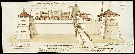 In 1593 Philip II of Spain built a citadel around the Aljafería, as seen in this 16th-century drawing.