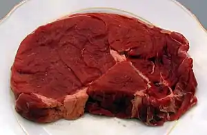 A raw French rib eye steak,without the bone (entrecôte)