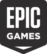 "EPIC" over "GAMES" over a downwared facing arrow, in white over a gray background