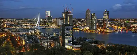 Erasmus Bridge at night seen from the Euromast in 2012