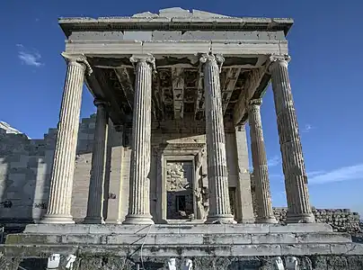 Ancient Greek Ionic columns of the Erechtheion, Greece, with parallel volutes, unknown architect, 421-405 BC