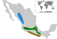 map of Mexico showing three colored areas in center and west of the country