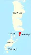 A map showing Eriskay south of South Uist and north of Barra