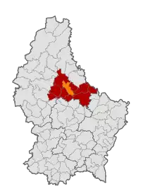 Map of Luxembourg with Erpeldange highlighted in orange, and the canton in dark red