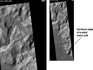 Escalante Crater wall, as seen by HiRISE. Image on left is an enlargement.