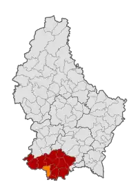 Map of Luxembourg with Esch-sur-Alzette highlighted in orange, and the canton in dark red