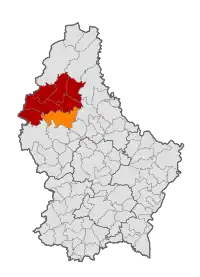 Map of Luxembourg with Esch-sur-Sûre highlighted in orange, and the canton in dark red