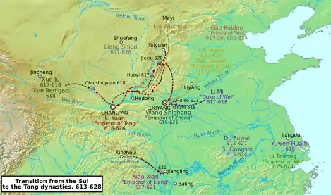 Geophysical map of northern and central China with the main settlements and the various factions, movements of armies and battles represented by different colours