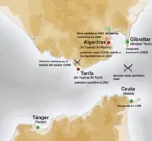 Map of the Strait of Gibraltar with its ports annotated in various colours.