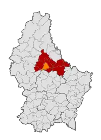 Map of Luxembourg with Ettelbruck highlighted in orange, and the canton in dark red