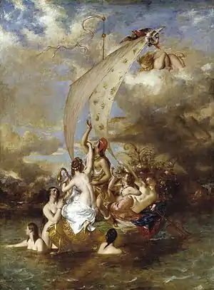 Naked people on a boat, naked people in the water around the boat, and a flying naked child blowing on the sails of the boat