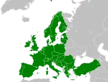 Map of Europe, with Eurail countries in green