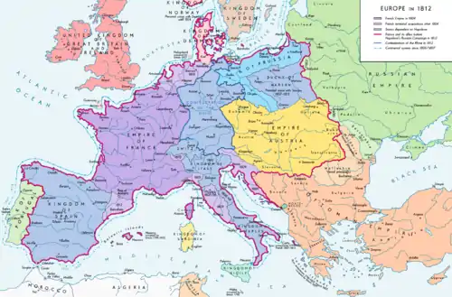 Europe in 1812, with the French Empire at its peak before the Russian Campaign