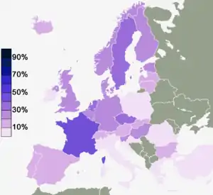 No belief in "any sort of spirit, God or life force" per country based on Eurobarometer 2010 survey