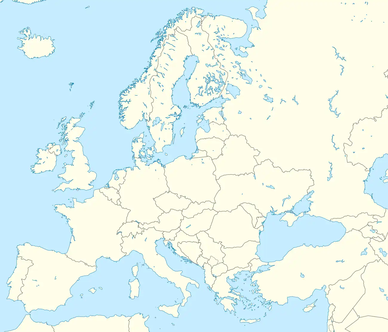 A map of western Europe. Red dots and active wikilinks highlight the origins of the coins found in the hoard, namely: Trier in Germany; Lyon and Arles in France; Milan, Aquileia, Ravenna, and Rome in Italy; Siscia in Croatia; Sirmium in Serbia; Thessalonika in Greece; and Antioch, Nicomedia, Cyzicus, and Constantinople in Turkey.