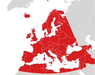 Map of countries in Europe, North Africa and Western Asia in grey, with the boundaries of the European Broadcasting Area superimposed in red