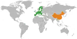 Map indicating locations of European Union and China