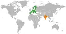 Map indicating locations of European Union and India