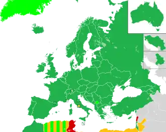 Map of countries in Europe, North Africa and Western Asia, with a cut-out of Australia in top-right corner; countries are coloured to indicate contest participation and eligibility: countries which have entered at least once are coloured in green; countries which have never entered but eligible to do so are coloured in yellow; countries which intended to enter but later withdrew are coloured in red; and countries which competed as a part of another country but never as a sovereign country are coloured in light green.